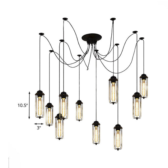 Vintage Swag Pendant Light With Adjustable 10-Head Metal Cage Shade - Black Hanging Lamp For Dining