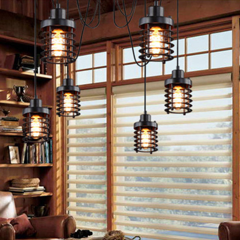 Farmhouse Style 6-Light Black Iron Ceiling Fixture With Cylinder Cage Shade And Spider Design