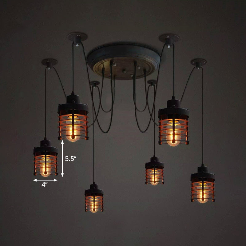 Farmhouse Style 6-Light Iron Ceiling Lighting Fixture With Black Cylinder Cage Shade For Bedroom