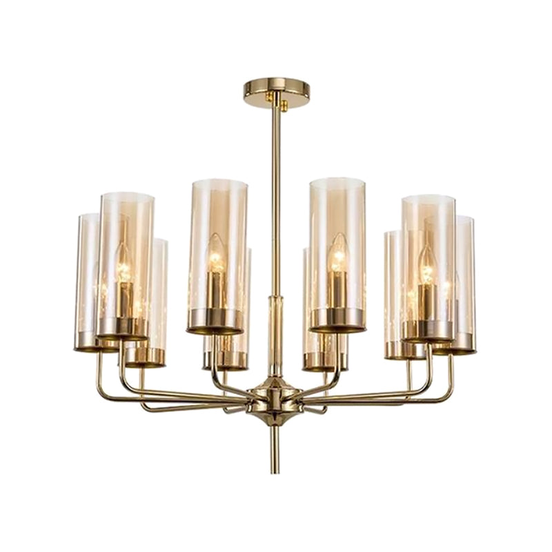 Blue/Amber Glass Cylinder Chandelier - 6/10 Lights In Gold For Modern Living Room