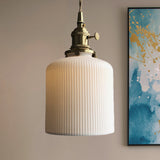 Dining Room Pendant Lamp: Ribbed Glass Cylinder Shape In Ivory - Modern 1 Light Hanging Kit