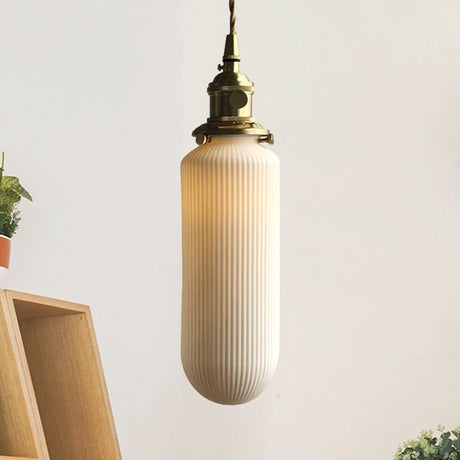 Dining Room Pendant Lamp: Ribbed Glass Cylinder Shape In Ivory - Modern 1 Light Hanging Kit /