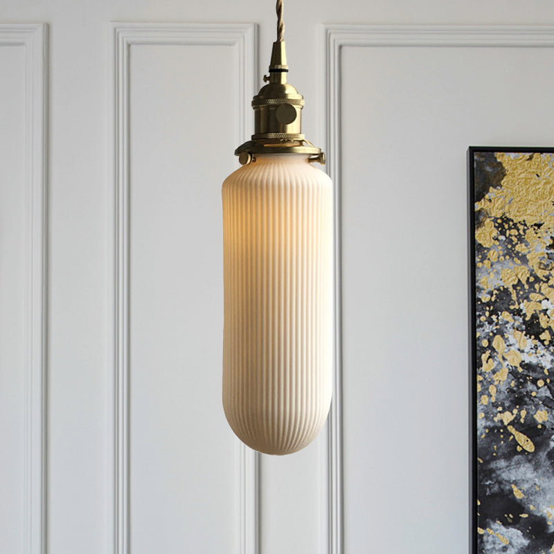 Dining Room Pendant Lamp: Ribbed Glass Cylinder Shape In Ivory - Modern 1 Light Hanging Kit