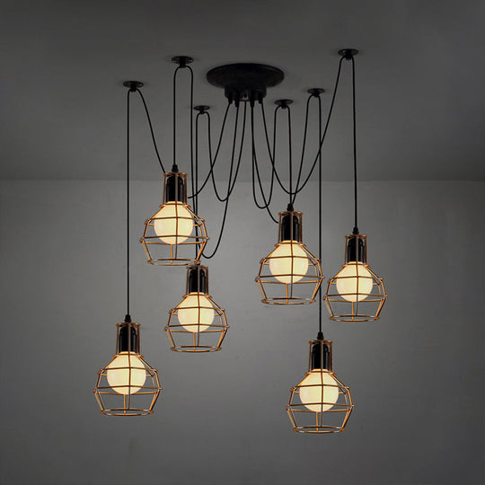 Industrial Style Spider Pendant Hanging Light - 6 Bulbs Black/Gold Iron Dining Room Ceiling Lamp