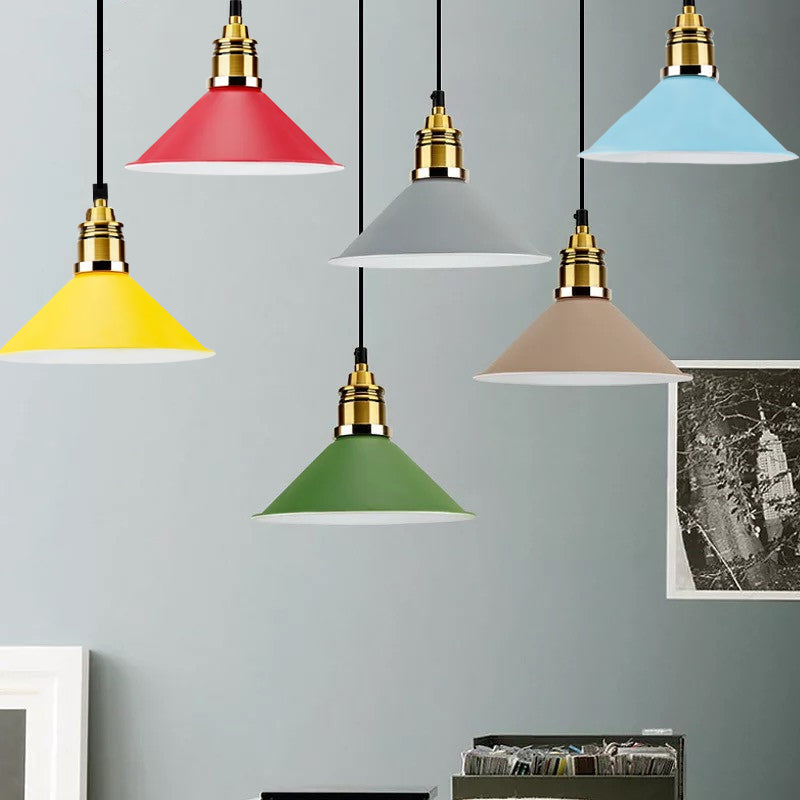 Contemporary Metal Hanging Pendant Light - Yellow/Blue/Green Tapered Shade Adjustable Cord 1 Bulb