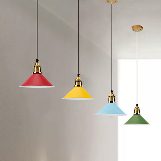 Contemporary Metal Pendant Light With Adjustable Cord - Yellow/Blue/Green Tapered Shade Ideal For