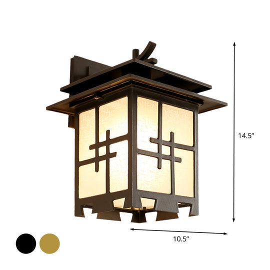 Farmhouse Outdoor Wall Lamp: 1-Light Sconce Fixture With Textured Glass Shade In Brass/Black