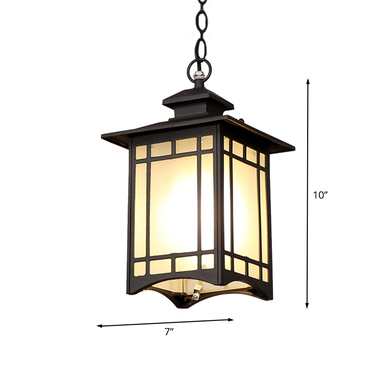 Rustic Frosted Glass Pendant Light With Black Finish & Open Bottom For Courtyard