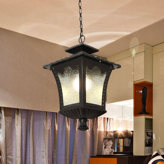 Rustic Aluminum Black/Bronze Pendant Light With Tetragonal Lotus Design And Water Glass Shade