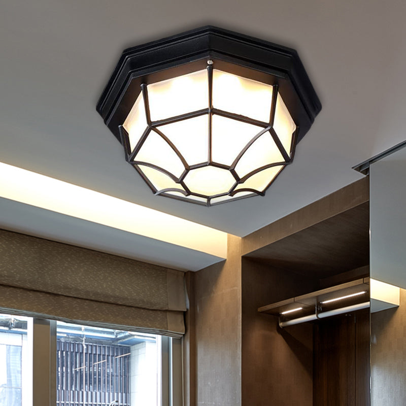 Opal Glass Octagonal Bedroom Flushmount Lodge With 1-Head Modern White/Black Finish – Flush Mount