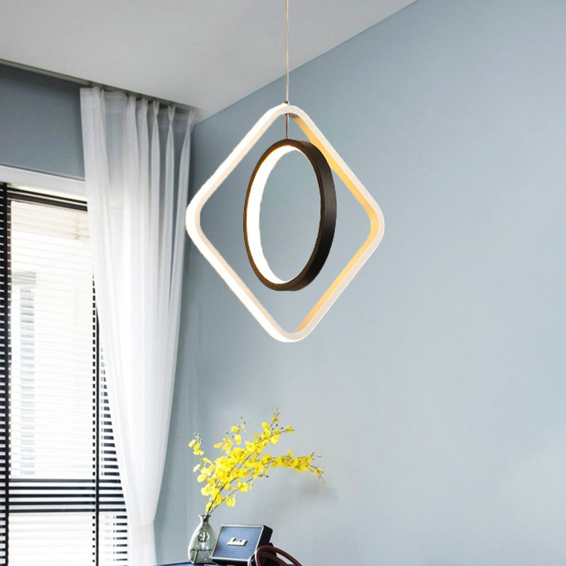 Black Led Suspension Light With Acrylic Shade - Modern Hoop And Square Pendant Lamp In Warm/White /