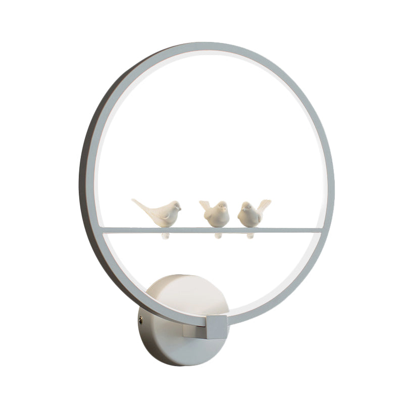 Modern Led White Circle Sconce Wall Mount Lamp With Birds Decor For Bedroom