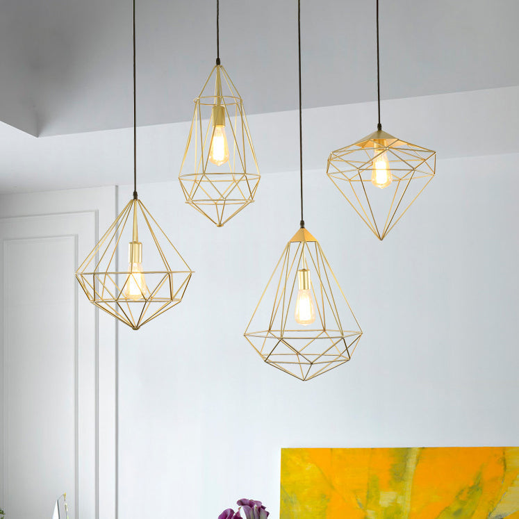 Modern Style Gold Metallic Prism Cage Pendant Light With Adjustable Cord - 1-Light Suspension Lamp