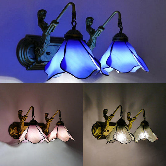 Tiffany Pink/Blue/Clear Glass Wall Mounted Sconce With Mermaid Backplate - 2-Light Floral Lighting