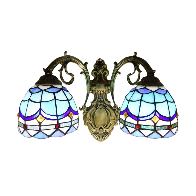 Blue Baroque Stained Glass Dome Sconce Light With Curved Arm - 2 Wall Fixture For Bedroom