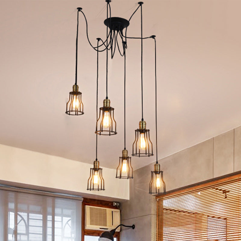 Vintage Metal Swag Pendant Lamp With Wire Guard - 6/10 Bulbs Stylish Black Ceiling Fixture For