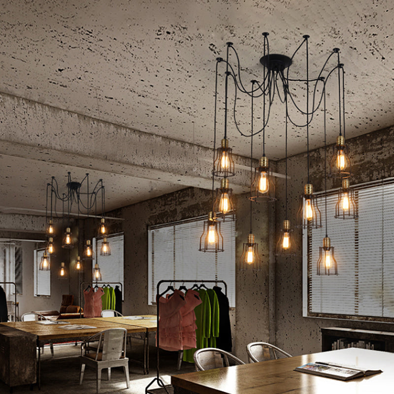 Vintage Metal Swag Pendant Lamp With Wire Guard - 6/10 Bulbs Stylish Black Ceiling Fixture For