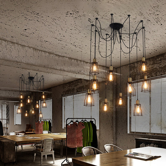 Vintage Metal Swag Pendant Lamp With Wire Guard - 6/10 Bulbs Stylish Black Ceiling Fixture For