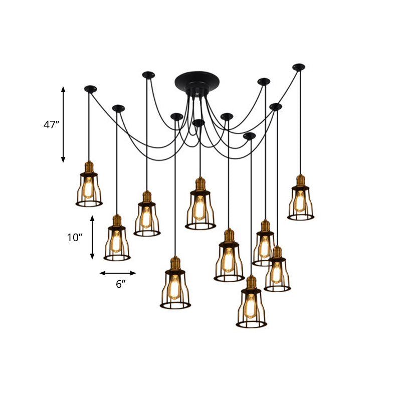 Vintage Metal Swag Pendant Lamp With Wire Guard - 6/10 Bulbs Stylish Black Ceiling Fixture For