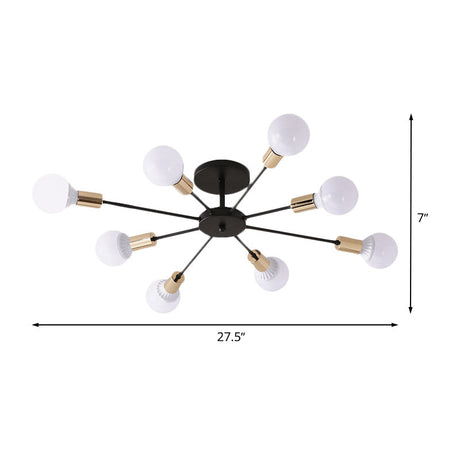 Industrial Metallic Semi Flush Light - Black Sputnik Design With 6/8 Exposed Bulbs Ceiling Mounted