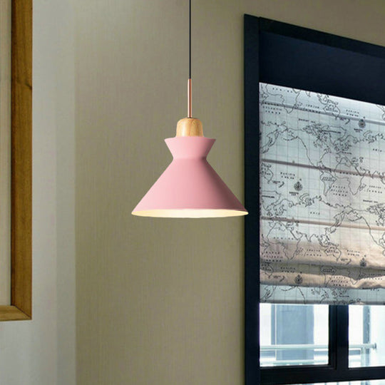 Stylish Nordic Conic Pendant Lamp - 1 Bulb Metal & Wood Lighting In Grey/White For Living Room