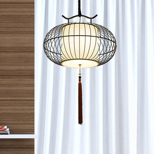Chinese Style Hanging Pendant Light With Bamboo Shade - Black/Gold Lantern Ceiling Indoor Use