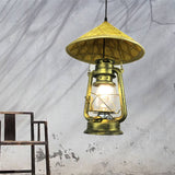 Lodge Style Rattan Hat Pendant Light With Metal Lantern Shade - Brass 12/18 W / 12