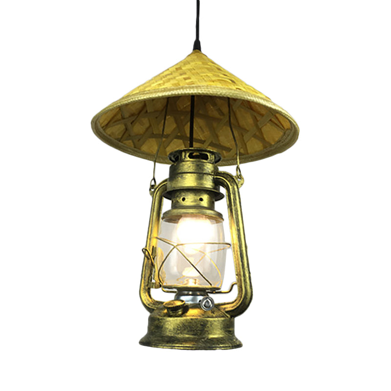 Lodge Style Rattan Pendant Light With Metal Lantern Shade - Brass 12’/18’ W