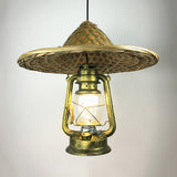 Lodge Style Rattan Hat Pendant Light With Metal Lantern Shade - Brass 12/18 W