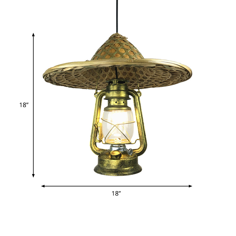Lodge Style Rattan Pendant Light With Metal Lantern Shade - Brass 12’/18’ W