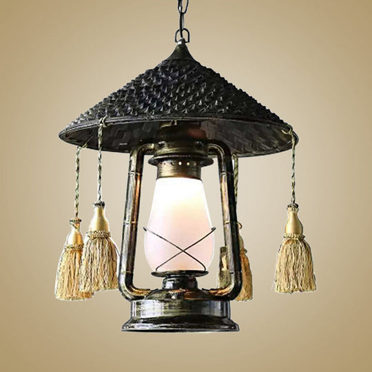 Frosted Glass Lantern Hanging Lamp - Lodge Style Ceiling Fixture For Balcony Black Finish With Hat