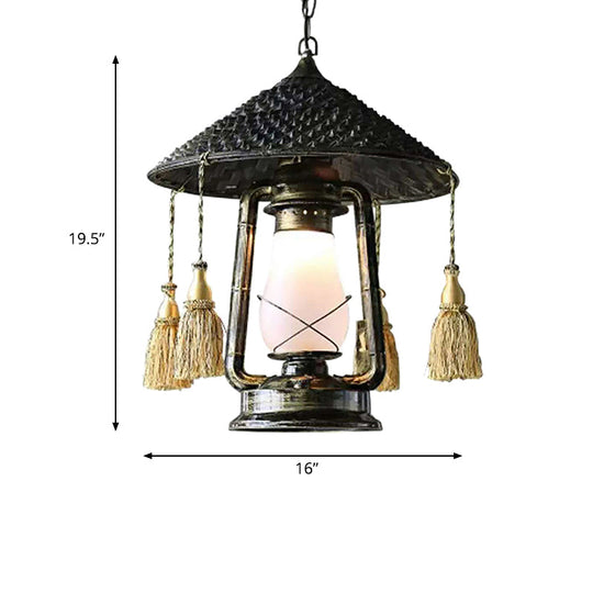 Frosted Glass Lantern Hanging Lamp - Lodge Style Ceiling Fixture For Balcony Black Finish With Hat
