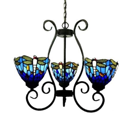 Dragonfly Chandelier Pendant Light - Stained Glass Loft Lighting In Red/Blue For Living Room Blue
