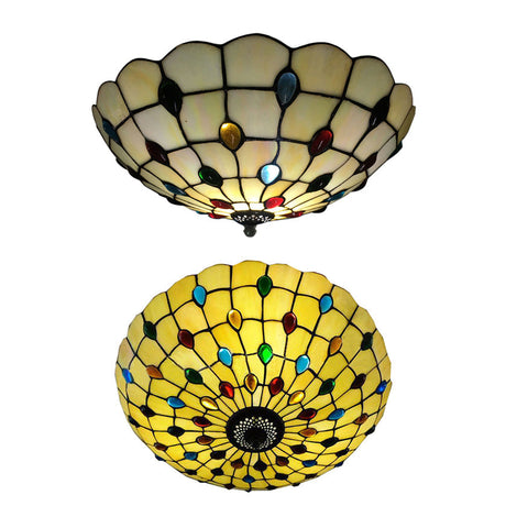 Retro Style Stained Glass Ceiling Light - Wide Bowl Design 12/16/19.5-Inch Flushmount