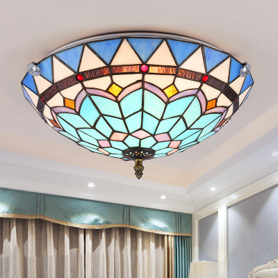 Stained Glass Bowl Flush Mount Ceiling Light - Lodge Style 1/2/4 Blue/Light Blue 12/16/19.5 Width /