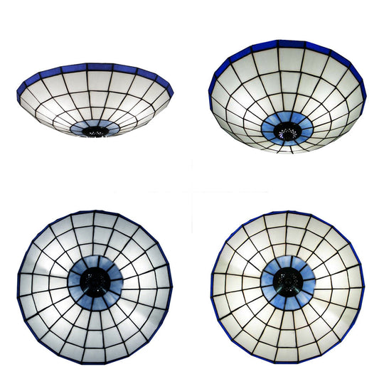 Stained Glass Round Ceiling Light Lodge Fixture - 12’/16’/19.5’ Flush Mount Orange/Blue