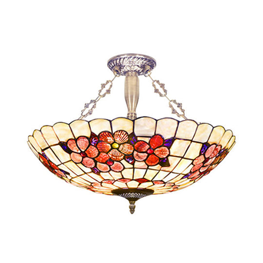 Scalloped Shade Semi Flush Stained Glass Ceiling Light Retro Style 12’/16’/20.5’ W