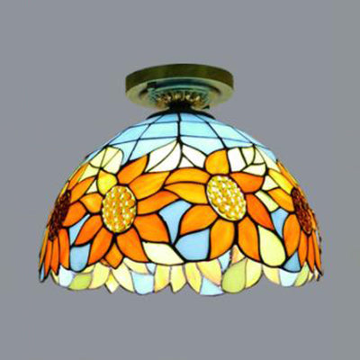 Rustic Tiffany Stained Glass Flush Light With Nature-Inspired Pattern And Antique Brass Finish