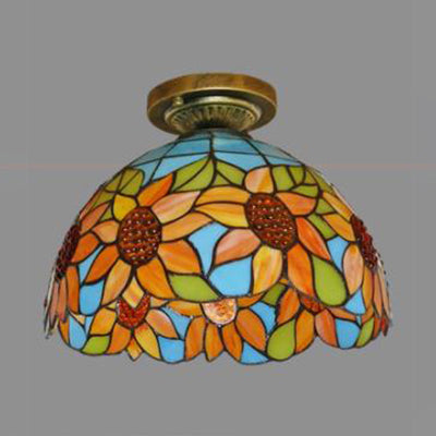 Rustic Tiffany Stained Glass Flush Light With Nature-Inspired Pattern And Antique Brass Finish