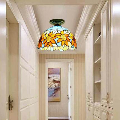 Rustic Tiffany Stained Glass Flush Light With Nature-Inspired Pattern And Antique Brass Finish /