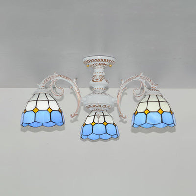Vintage Tiffany Stained Glass Dome Semi Flush Mount Lighting In Bronze/White Finish (3/6 Lights) 3