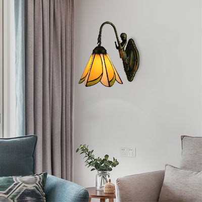 Tiffany Yellow/Blue-White Glass Sconce Light With Mermaid Backplate Yellow