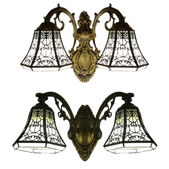 Lodge Bell Wall Sconce With Stained Glass Fence Design - 2 Lights