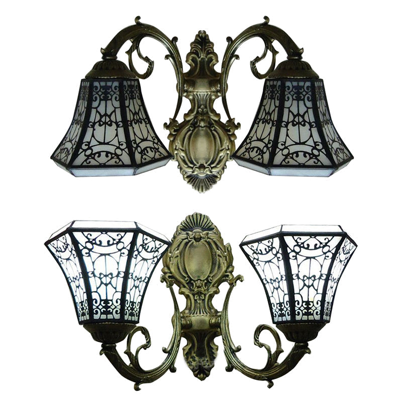 Lodge Bell Wall Sconce With Stained Glass Fence Design - 2 Lights
