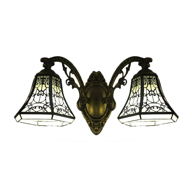 Lodge Bell Wall Sconce With Stained Glass Fence Design - 2 Lights