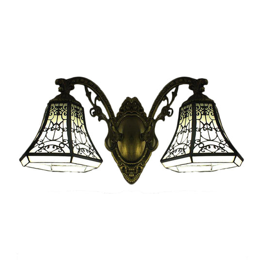 Lodge Bell Wall Sconce With Stained Glass Fence Design - 2 Lights