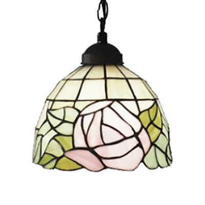 Handcrafted Tiffany Art Glass Ceiling Light - Pink-White/Green Design With Adjustable Chain