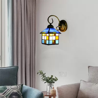 Lodge Stained Glass Wall Sconce With Curved Arm - Mini Mount Light Clear