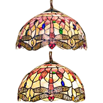 Dome Ceiling Lamp: Tiffany Shell Pink Dragonfly Pattern 3-Bulb Pendant Light - 12’/16’ Wide