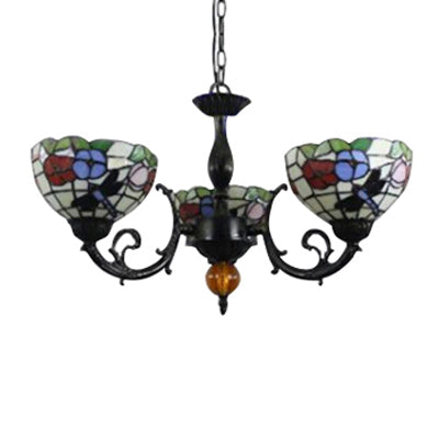 Stained Glass 3-Light Ceiling Pendant Chandelier - Retro Bowl Design With Dragonfly And Flower